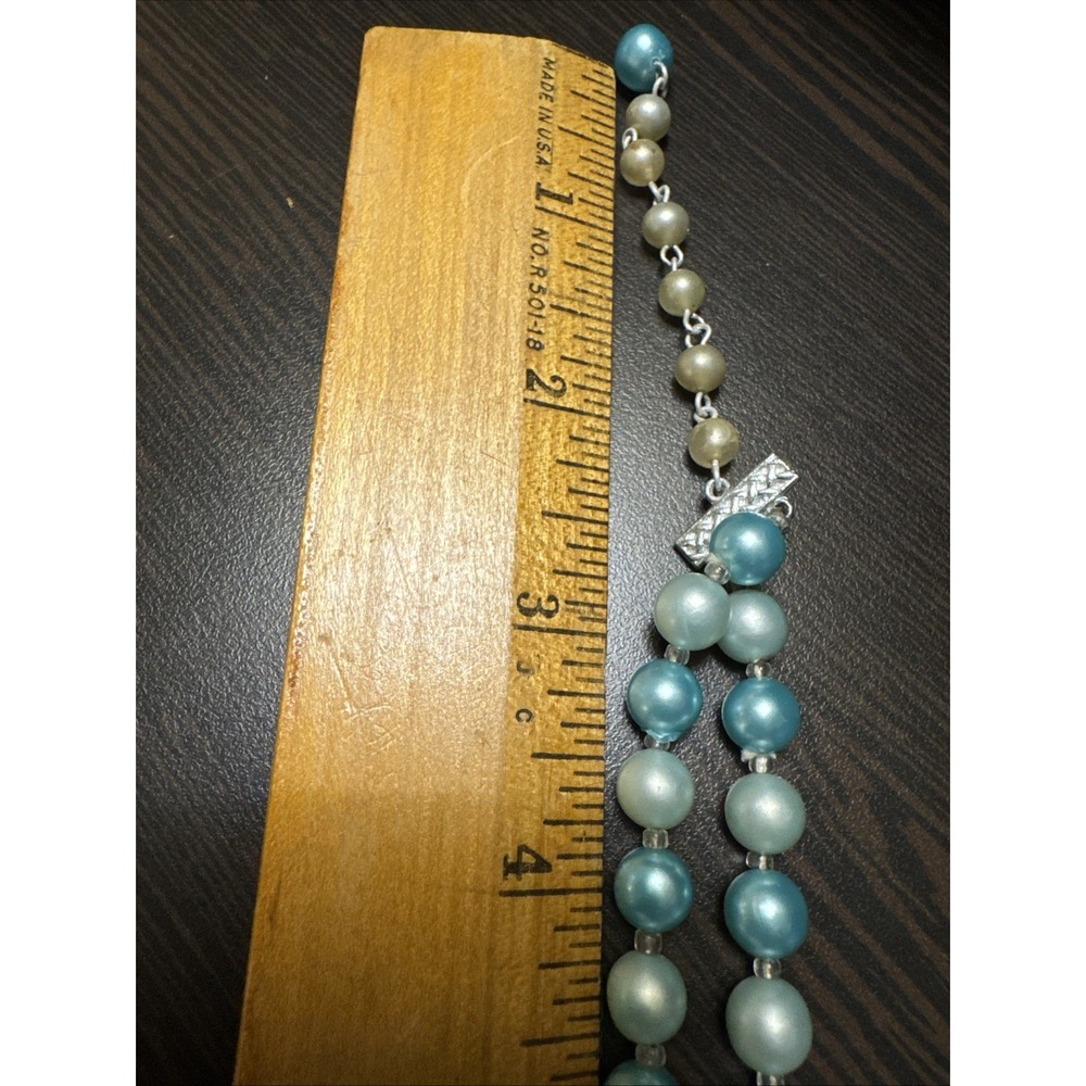 Vintage Japan Double Strand Blue Faux Pearl Faceted Bead Necklace J-Hook Clasp - Picture 7 of 8